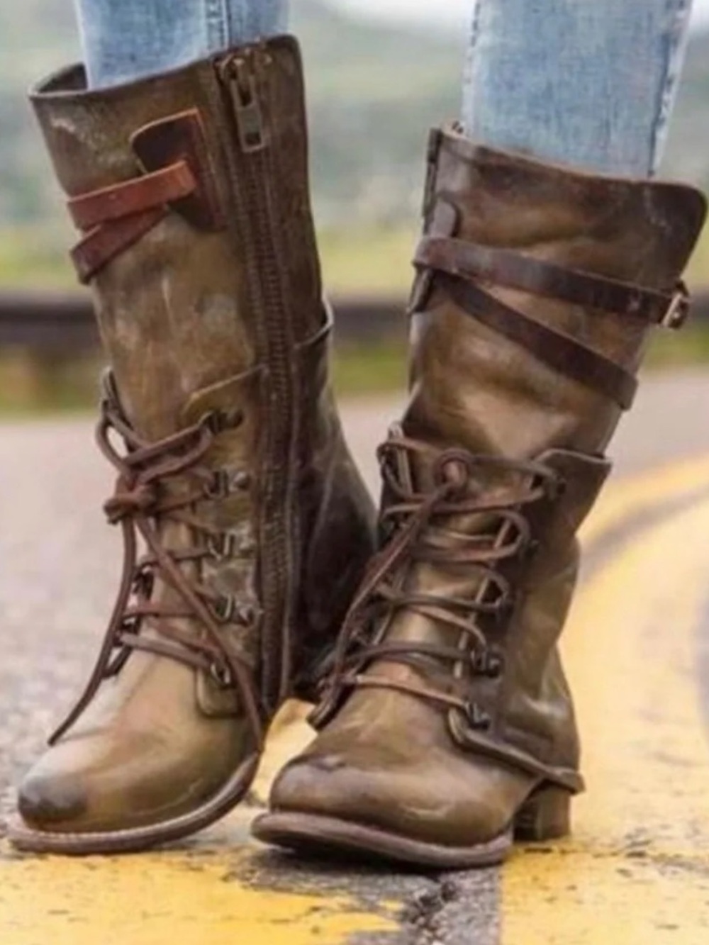 Freebird Ravi Mid-Calf Leather Distressed  Combat Boots in Olive EUC Women’s 11